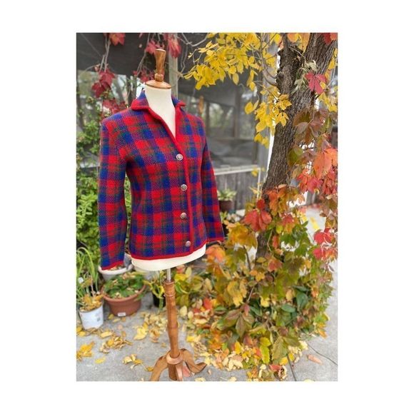 50s 60s Hudson’s Bay Plaid Wool Sweater Metal Crest Buttons Jacket Rare Sz 37 - Picture 15 of 16